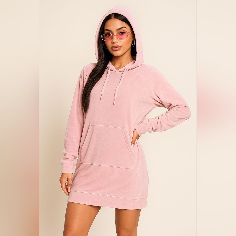 Velour Hooded Sweatshirt Tunic Dress Top Pink Kangaroo Pocket Velvet Romper